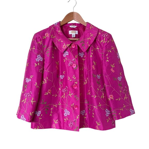 Talbots Floral Pink Pure Silk Cropped Jacket 3/4 Sleeves Peter Pan Collar - Picture 1 of 8
